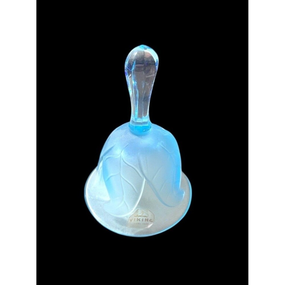 Vtg Viking Glass Bell Baby Blue With Satin Frosted Leaf Pattern Handle 6”